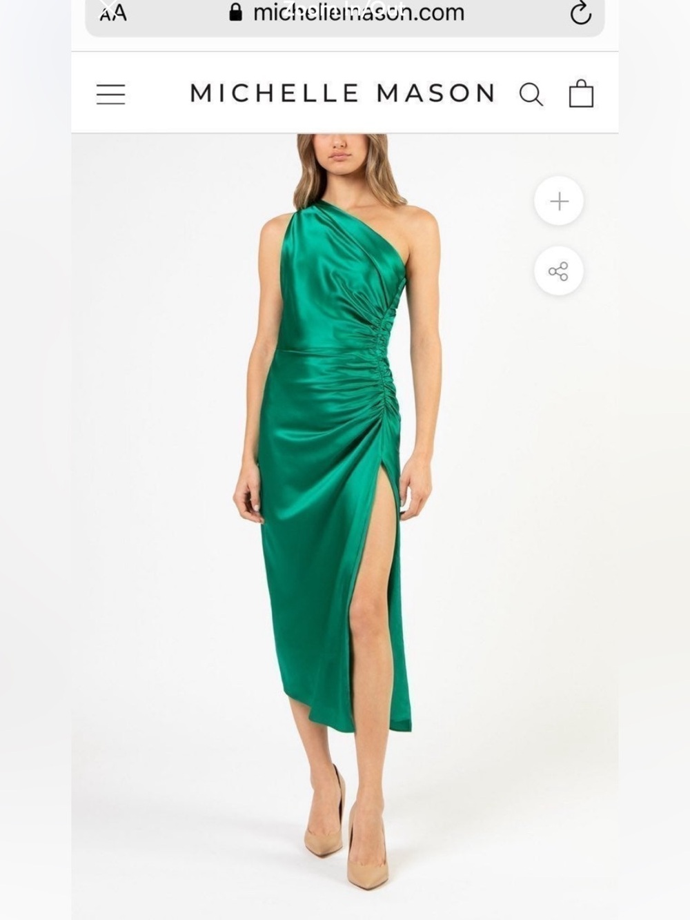 Michelle Mason Asymmetrical Gathered Gown in Emerald. 4
